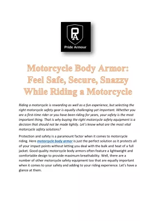 Motorcycle Body Armor: Feel Safe, Secure, Snazzy While Riding a Motorcycle