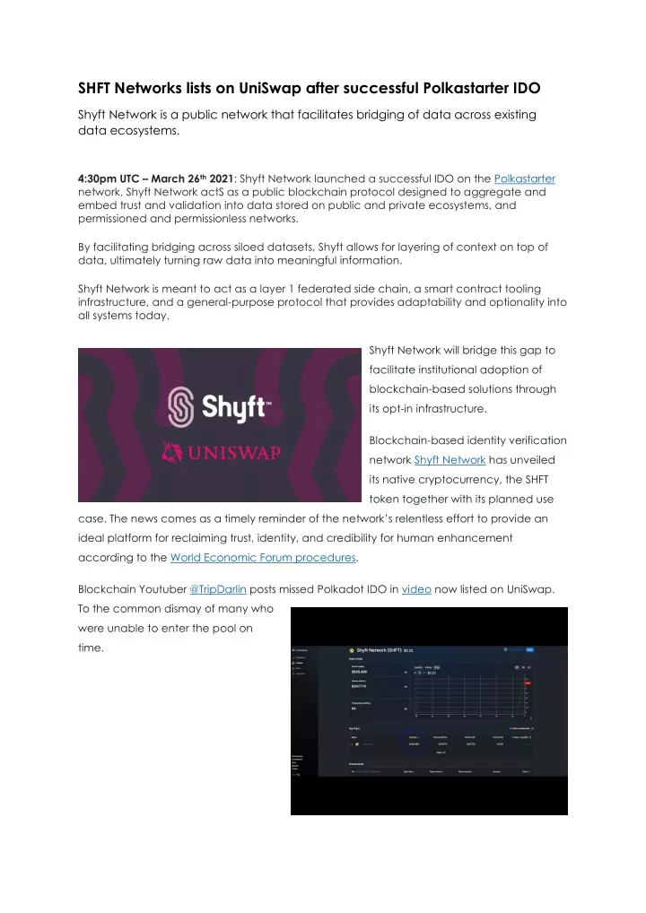 shft networks lists on uniswap after successful