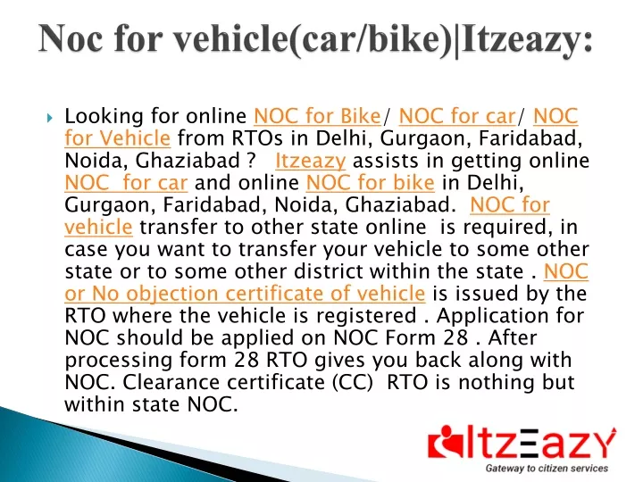 noc for vehicle car bike itzeazy