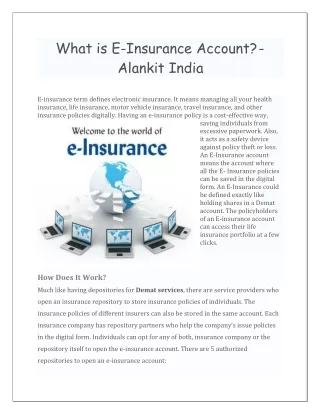 what is e insurance account alankit india
