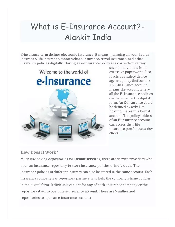 what is e insurance account alankit india