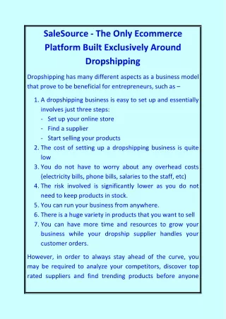 SaleSource - The Only Ecommerce Platform Built Exclusively Around Dropshipping