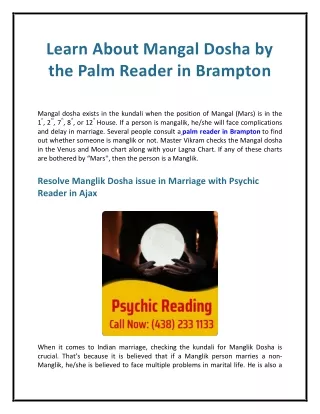 Learn About Mangal Dosha by the Palm Reader in Brampton