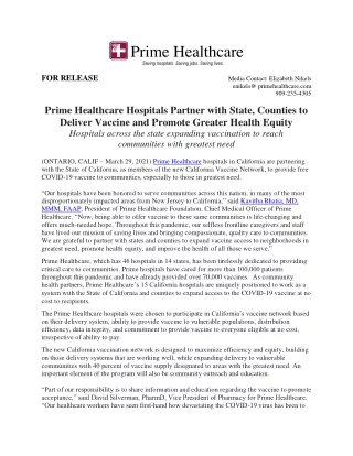 Prime Healthcare Hospitals Partner with California to Deliver Vaccine and Promote Greater Health Equity
