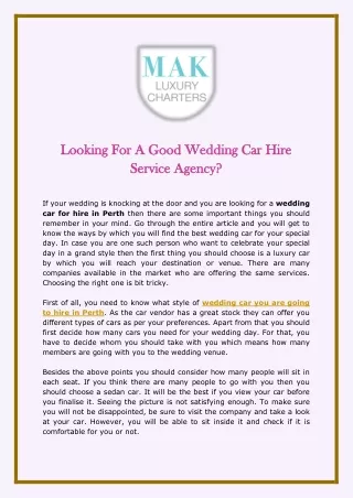 Looking For A Good Wedding Car Hire Service Agency?