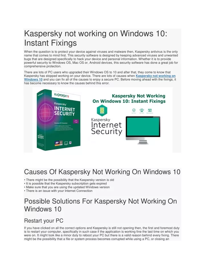 kaspersky not working on windows 10 instant