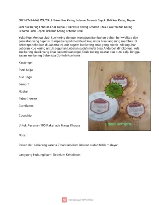0821-2247-6969 WA/CALL Paket Kue Kering Lebaran Terenak Depok, Beli Kue Kering Depok