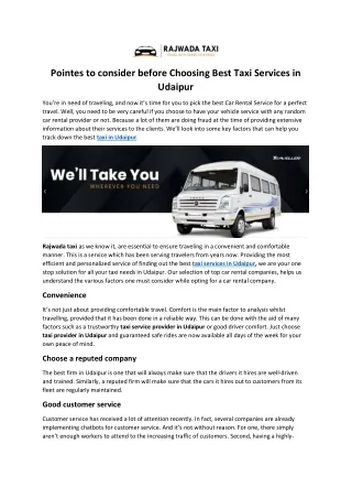 Pointes to consider before Choosing Best Taxi Services in Udaipur
