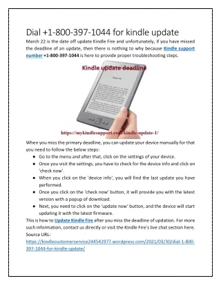 Dial  1-800-397-1044 for kindle update
