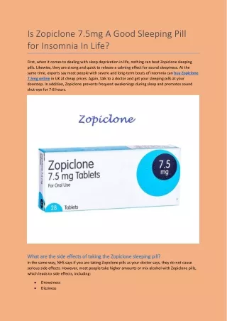 Is Zopiclone 7.5mg A Good Sleeping Pill for Insomnia In Life?