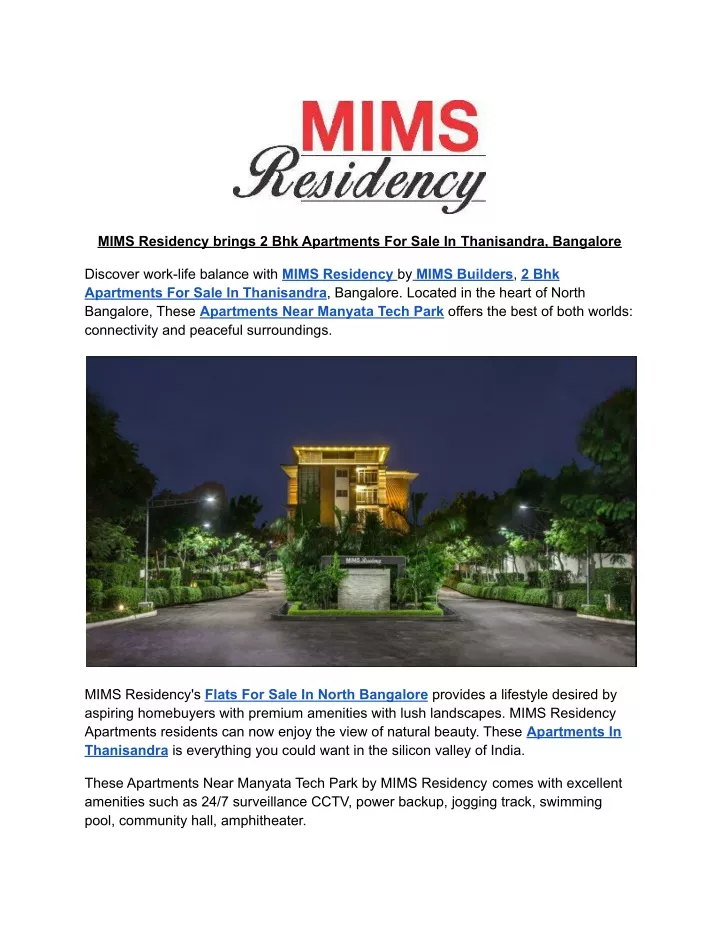 mims residency brings 2 bhk apartments for sale