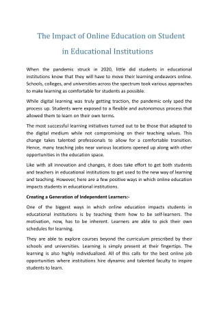 The Impact of Online Education on Student in Educational Institutions