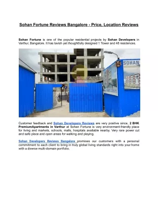 Sohan Fortune Reviews Bangalore - Price, Location Reviews
