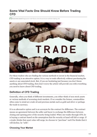 Some Vital Facts One Should Know Before Trading CFD