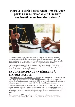 Pourquoi l’arrêt Baldus rendu le 03 mai 2000 par la Cour de cassation est-il un arrêt emblématique en droit des contrats