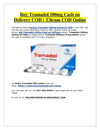 Buy Tramadol 100mg Cash on Delivery COD |  Ultram COD Online