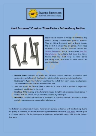 Need Fasteners? Consider These Factors Before Going Further