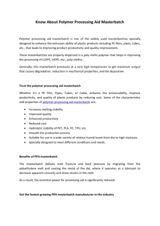 know about polymer processing aid masterbatch