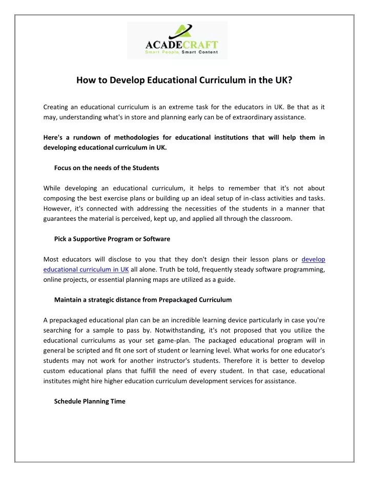 how to develop educational curriculum in the uk