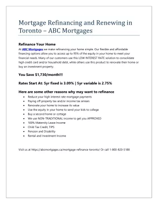 Mortgage Refinancing and Renewing in Toronto