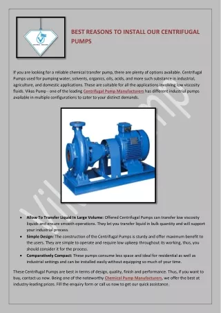 BEST REASONS TO INSTALL OUR CENTRIFUGAL PUMPS