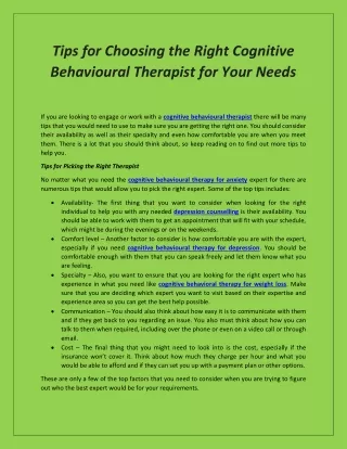 Tips for Choosing the Right Cognitive Behavioural Therapist for Your Needs