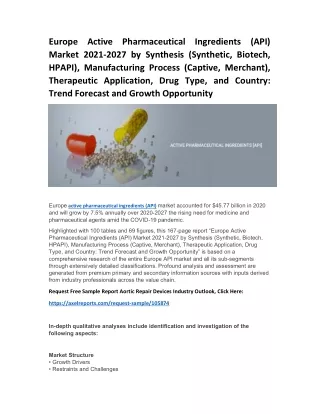 Europe Active Pharmaceutical Ingredients (API) Market 2021-2027 by Synthesis (Synthetic, Biotech, HPAPI), Manufacturing