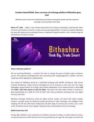 Cardano based BHAX, base currency of exchange platform Bithashex goes Live!