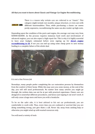 All that you want to know about Classic and Vintage Car Engine Reconditioning