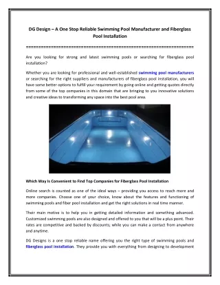 DG Design – A One Stop Reliable Swimming Pool Manufacturer and Fiberglass Pool Installation