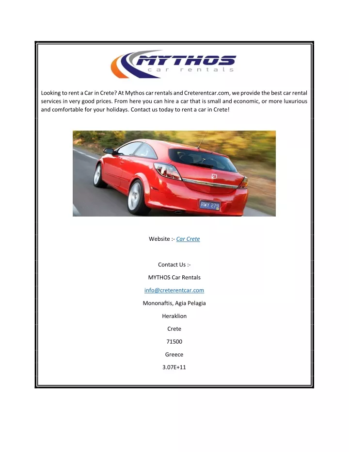 looking to rent a car in crete at mythos