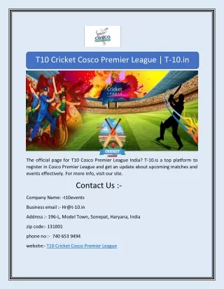 T10 Cricket Cosco Premier League | T-10.in