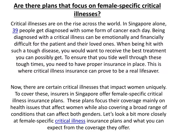 are there plans that focus on female specific critical illnesses