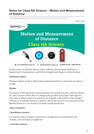 notes for class 6th science motion