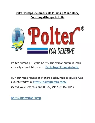 Polter Pumps - Submersible Pumps | Monoblock, Centrifugal Pumps in India