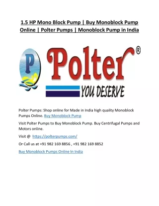 1.5 HP Mono Block Pump | Buy Monoblock Pump Online | Polter Pumps | Monoblock Pump in India