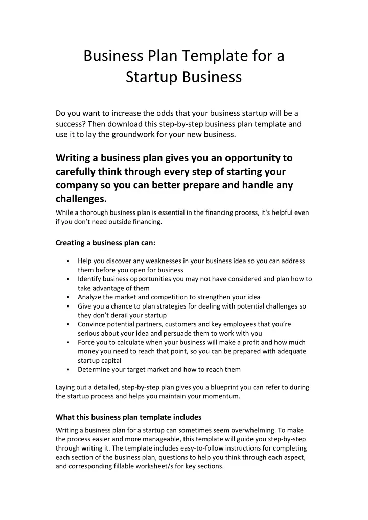 business plan template for a startup business