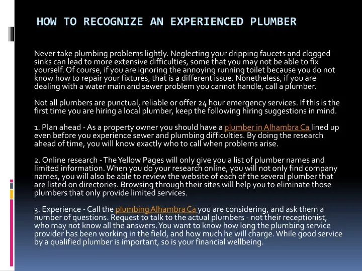how to recognize an experienced plumber