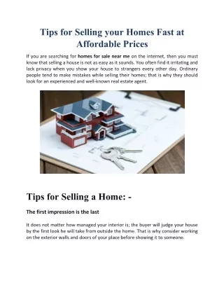 Tips for Selling your Homes Fast at Affordable Prices