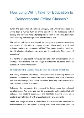 How Long Will It Take for Education to Reincorporate Offline Classes?
