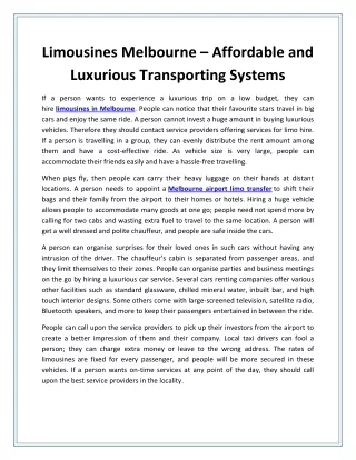 Limousines Melbourne – Affordable and Luxurious Transporting Systems