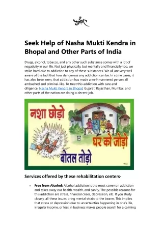 Seek Help of Nasha Mukti Kendra in Bhopal and Other Parts of India