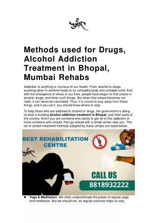Methods used for Drugs, Alcohol Addiction Treatment in Bhopal, Mumbai Rehabs