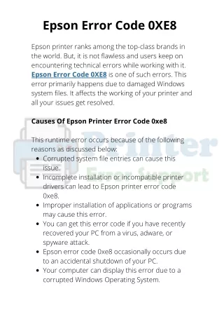 Steps to Fix Epson Error Code 0XE8