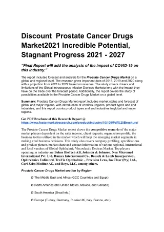 Discount  Prostate Cancer Drugs Market2021 Incredible Potential, Stagnant Progress 2021 - 2027