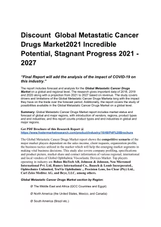 Discount  Global Metastatic Cancer Drugs Market2021 Incredible Potential, Stagnant Progress 2021 - 2027