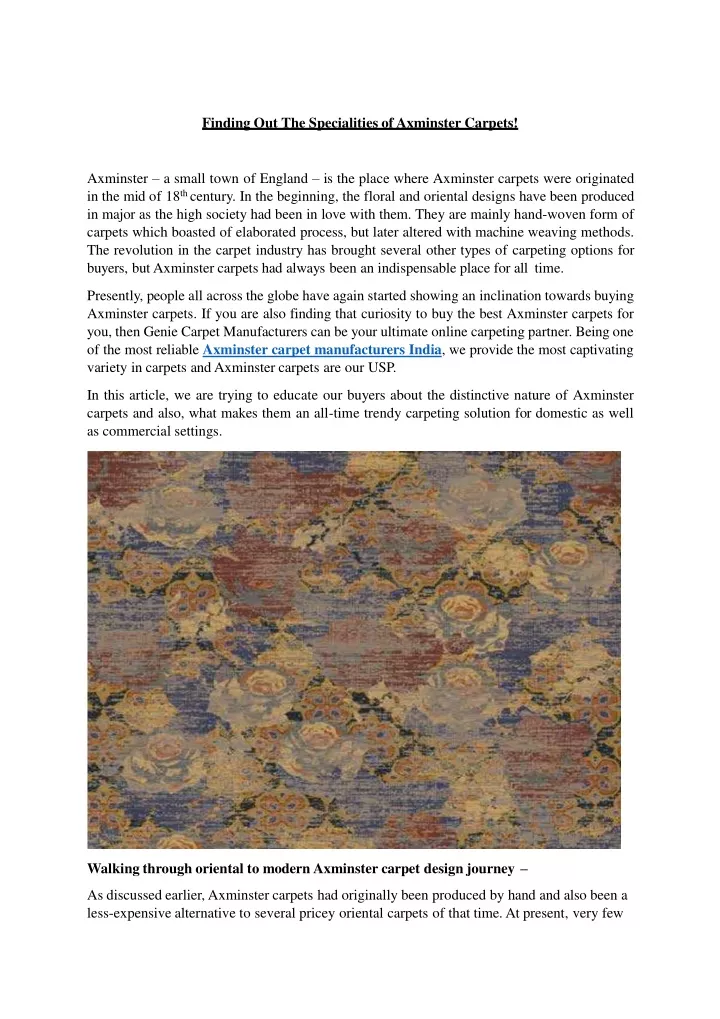 finding out the specialities of axminster carpets