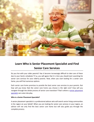 Learn Who is Senior Placement Specialist and Find Senior Care Services