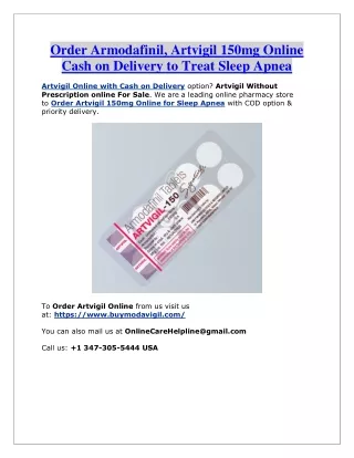 Order Armodafinil, Artvigil 150mg Online Cash on Delivery to Treat Sleep Apnea