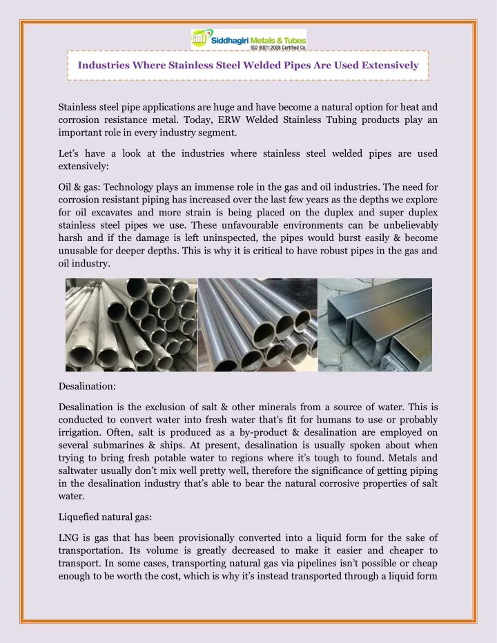 industries where stainless steel welded pipes